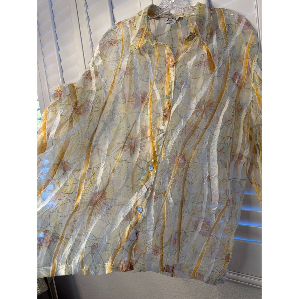 Whimsical Sheer Blouse Yellow Watercolor Floral Striped Button Down By Graff XL
